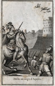Barbaarien hyökkäykset - Attila (n. 406-453), hunnien kuningas, Aquileen (Aquileia) piirityksen aikana Italiassa, 452. Kaiverrus P. J. B. N. 1814:n "Beaute de l