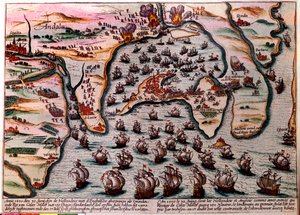 Cales Malesin taistelusuunnitelma (Espanja) 30. kesäkuuta 1596. Hollannin ja Englannin armeijan laivasto saapuu ystävinä Cales Malesiin 180 aluksella. Seuraavana päivänä, 1. heinäkuuta, maanpetoksesta yllättäen heidän täytyi hylätä kaupunki häpeästi. Kaive tekijältä Unknown artist