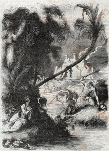 Griffonin ja Aquilantin taistelu Orrilea vastaan - kaiverrus vuodelta 1851 Ludovico Ariostosta "" Furious Roland"" (Orlando furioso) (1500-luku), joka tunnetaan nimellä Ariosta - Tressanin kreivin italiasta kääntämä painos ja kustantaja Gustave Harvard tekijältä Unknown artist