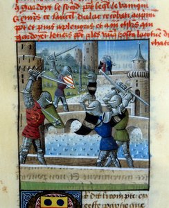 Ritarien Palameden ja Artuksen taistelu. Miniatyyri Roman Du Grailissa tekijältä Unknown artist