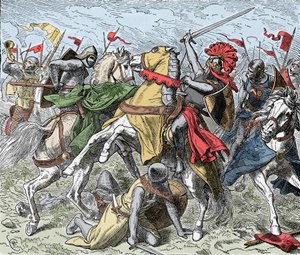 Taistelu Elsterillä: Rudolf Swabian kuolettavasti haavoittunut - Saksien kapina (1073-1075): Rodolph of Rheinfelden (n. 1025-1080), Swabian herttua ja roomalaisten antiking haavoittuu kuolemaan taistelussa lähellä Elsteriä, Henrik IV:n joukkoja vastaan tekijältä Unknown artist