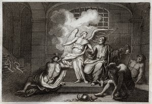 Royaumontin raamattu, Uusi testamentti: Saint Peter Delivre de vankila. Pyhä Pietari vapautuu vankilasta yöllä enkelin toimesta. Kuvitus vuodelta 1811. tekijältä Unknown artist