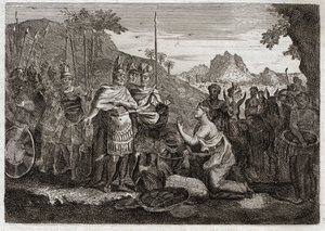 Royaumontin raamattu, Vanha testamentti: Abigail. Abigail, Nabalin vaimo, lievittää Daavidin vihaa viisaudellaan. Kuvitus vuodelta 1811. tekijältä Unknown artist
