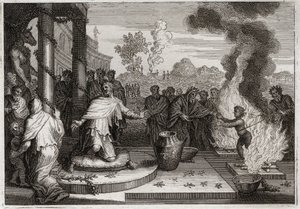 Royaumontin raamattu, Vanha testamentti: Ahaz Epäpyhä kuningas. Jumalaton Ahas, Juudan kuningas, ärsyttää Jumalaa ja joutuu vihollisten käsiin. Kuvitus vuodelta 1811. tekijältä Unknown artist