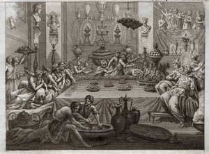 Royaumontin raamattu, Vanha testamentti: Balthazar tuomitsee. Kuningas Balthazar (Belshatsar) pöydässä näkee käden, joka kirjoittaa kolmella sanalla lauseensa lopun. Kuvitus vuodelta 1811. tekijältä Unknown artist