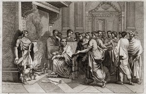 Royaumontin raamattu, Vanha testamentti: Profeetta Baruk. Kuningas Joakim (Joakim, Joachin, Jehonias) leikkaa kirjakäärön, joka sisältää hänen opetuslapsensa Barukin (Baruch ben Neria) kirjoittamat Jeremian profetiat, ja heittää sen tuleen. Kuvitus vuodelt tekijältä Unknown artist