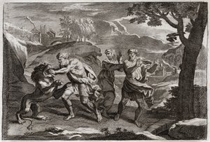 Royaumontin raamattu, Vanha testamentti: Simsonin syntymä. Simson repii leijonan palasiksi. Kuvitus vuodelta 1811. tekijältä Unknown artist