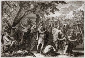Royaumontin raamattu, Vanha testamentti: Joosefin veljet. Joosef laittaa veljensä vankilaan. Kuvitus vuodelta 1811. tekijältä Unknown artist