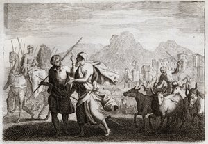 Royaumontin raamattu, Vanha testamentti: Abrahamin kutsuminen. Jumala kutsuu Abrahamin ja käskee häntä lähtemään kaldealaisten maasta tullakseen maahan, jonka hän lupasi antaa hänelle. Kuvitus vuodelta 1811. tekijältä Unknown artist