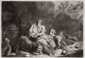 Royaumontin raamattu, Vanha testamentti: Daniel leijonien kuopassa. Daniel pannaan lionien kuoppaan ja on ihmeen kaupassa humalassa. Kuvitus vuodelta 1811. tekijältä Unknown artist