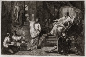Royaumontin raamattu, Vanha testamentti: Danielin profeetta. Profeetta Daniel paljastaa kuningas Nebukadnessar II:lle unen, jonka hän näki, ja selittää hänelle, mitä hän tarkoitti. Kuvitus vuodelta 1811. tekijältä Unknown artist