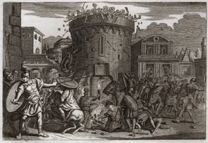Royaumontin raamattu, Vanha testamentti: Abimelekin kuolema. Abimelekin (Abimelec tai Ahimelech tai Ahimelek) tappaa nainen, joka iskee hänet kivellä Tebetzin piirityksessä. Kuvitus vuodelta 1811. tekijältä Unknown artist