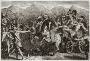 Royaumontin raamattu, Vanha testamentti: Ahabin kuolema. Ahab (Akhab) kävi sotaa Syyriaa vastaan, ja hänet tapettiin satunnaisella nuolella. Kuvitus vuodelta 1811. tekijältä Unknown artist