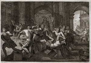 Royaumontin raamattu, Vanha testamentti: Amnonin kuolema. Absalomin (tai Avshalom, Absalon) sovinnon saaminen Daavidin kanssa saa veljensä Amnonin (Ammon) pakenemaan juhlaan. Daavidin on pakko paeta Jerusalemista, ja hän kärsii tämän vainon ihmeellisellä k tekijältä Unknown artist