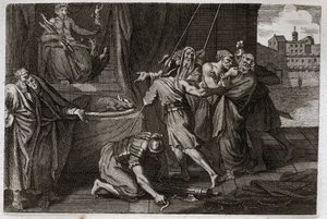 Royaumontin raamattu, Vanha testamentti: Eleasarin kuolema. Vanha pyhimys Eleazar tapettiin Antiokos IV Epiphanen (175-164 eKr.) käskystä, koska hän ei halunnut teeskennellä syövänsä puolustettua lihaa. Kuvitus vuodelta 1811. tekijältä Unknown artist
