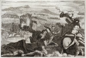 Royaumontin raamattu, Vanha testamentti: Juudaksen kuolema. Demetrius I Soter ja Nicanor. Judas Maccabee (Maccabee, Maccabee) kuolema taistelussa. Kuva osoitteesta tekijältä Unknown artist
