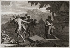 Royaumontin raamattu, Vanha testamentti: Kuolema nousee. Kuollut mies pudotettiin sattumalta Eliseen haudalle, ja hän heräsi henkiin koskettamalla luita. Kuvitus vuodelta 1811. tekijältä Unknown artist
