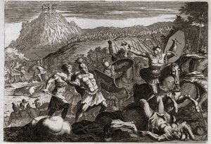 Royaumontin raamattu, Vanha testamentti: Amalekin (Amalekin) tappio. Mooses sai voiton amalekilaisista pitäen kätensä korkealla taivaassa. Kuvitus vuodelta 1811. tekijältä Unknown artist