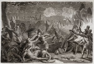 Royaumontin raamattu, Vanha testamentti: Midianilaisten tappio trumpettien soinnilla ja lamppujen valolla. Kuvitus vuodelta 1811. tekijältä Unknown artist