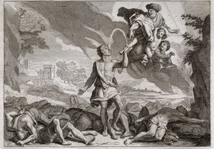 Royaumontin raamattu, Vanha testamentti: filistealaisten tappio. Simson tappaa tuhat filistealaista aasin leualla. Jumala saa veden virtaamaan leuasta, jotta Simson voi sammuttaa janonsa. Kuvitus vuodelta 1811. tekijältä Unknown artist