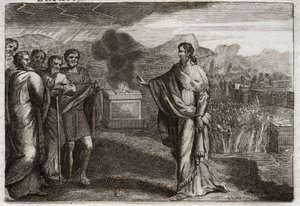 Royaumontin raamattu, Vanha testamentti: filistealaisten tappio. Samuel tarjoaa holokaustin Jumalalle. Sitten juutalaiset puolustavat filistealaisia. Kuvitus vuodelta 1811. tekijältä Unknown artist
