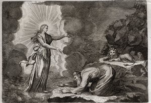 Royaumontin raamattu, Vanha testamentti: Danielin vapautuminen. Daniel leijonien luolassa on ihmeellisen humalassa. Kuvitus vuodelta 1811. tekijältä Unknown artist