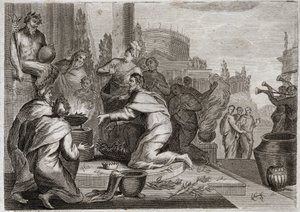 Royaumontin raamattu, Vanha testamentti: Salomon lankeemus. Salomo on naisten turmeltunut, ja hän tarjoaa suitsukkeita väärien jumalien epäjumalille. Hänen kuolemansa. Kuvitus vuodelta 1811. tekijältä Unknown artist