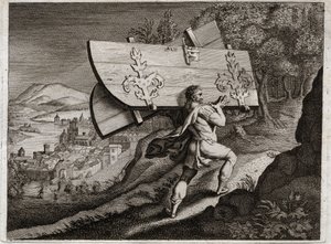 Royaumontin raamattu, Vanha testamentti: Gazan portit. Simson, lukitse Gazaan, revi kaupungin portit. Kuvitus vuodelta 1811. tekijältä Unknown artist