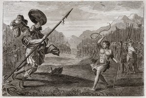 Royaumontin raamattu, Vanha testamentti: jättiläinen Goljat. Daavid voitti Goljatin, filistealaisen, joka on mahtavan suuruus, ase vain rintarella ja kepillä. Kuvitus vuodelta 1811. tekijältä Unknown artist