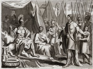 Royaumontin raamattu, Vanha testamentti: Holoferne. Nebukadnessar II:n käsivarren kenraali Holoferne lähestyy Juudeaa. Ahior, ammonilaisten kuningas, joka tuli antamaan hänelle takaisin, nostaa Holofernen eteen juutalaisten Jumalan voimaa. Kuva 181 tekijältä Unknown artist