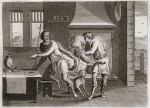 Royaumontin raamattu, Vanha testamentti: Jaakob ja Esau. Esau myy isoisänsä veljensä Jaakobin linssejä vastaan. Kuvitus vuodelta 1811. tekijältä Unknown artist