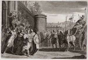 Royaumontin raamattu, Vanha testamentti: Jephte uhraa tyttärensä. Jefte, yksi Israelin tuomareista, vannoi uhraavansa Jumalalle ensimmäisen henkilön, joka tulee hänen luokseen hänen voitonsa jälkeen ammonilaisia vastaan. Se oli hänen tyttärensä. Kuvitus vu tekijältä Unknown artist