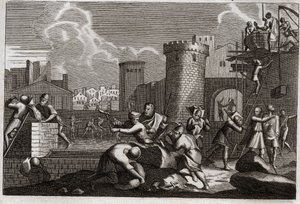 Royaumontin raamattu, Vanha testamentti: Jerusalem rebatie. Kuningas Artakserkses I lähetti Nehemian Jerusalemiin luvan kapinoida kaikki sen muurit. Kuvitus vuodelta 1811. tekijältä Unknown artist