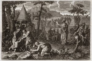 Royaumontin raamattu, Vanha testamentti: Juutalaiset erämaassa (tai mannan kapina). Jumala pudottaa mannaa taivaasta neljäksikymmeneksi vuodeksi. Kuvitus vuodelta 1811. tekijältä Unknown artist