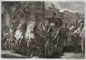 Royaumontin raamattu, Vanha testamentti: Jezabel syö koiria. Jehu heittää Jezabelin ulos ikkunasta, ja hänet on syöty koirilta. Kuvitus vuodelta 1811. tekijältä Unknown artist
