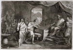 Royaumontin raamattu, Vanha testamentti: Joachim ampuu rautaa. Evilmerodak (Evil Merodac, Evil Merodac), Babylonin kuningas Nebukadnessar II:n kuoleman jälkeen kohtelee Joakimia (Joakim, Joakin, Jehonja), joka oli entinen Juudan kuningas, ja vetää hänet ra tekijältä Unknown artist