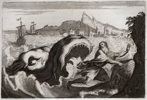 Royaumontin raamattu, Vanha testamentti: Joona valaassa. Profeetta Jonas asuu valaassa ja tulee ulos elävänä. Kuvitus vuodelta 1811. tekijältä Unknown artist