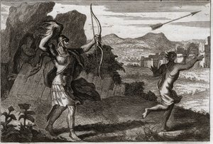Royaumontin raamattu, Vanha testamentti: Jonathan ja David. Ja kun Joonatan näki isänsä katkeran, Saul varoitti häntä vetäytymään. Kuvitus vuodelta 1811. tekijältä Unknown artist