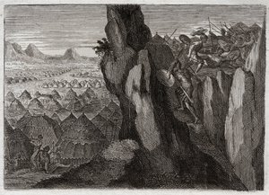 Royaumontin raamattu, Vanha testamentti: Jonathan ja hänen Ecuyer. Joonatan, kuningas Saulin poika, menee yksin Ecuyerin kanssa filistealaisten leiriin ja pakottaa heidät pakoon. Kuvitus vuodelta 1811. tekijältä Unknown artist