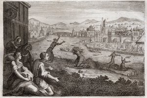 Royaumontin raamattu, Vanha testamentti: Egyptin kätilöt. Farao heittää israelilaisten poikalapset Niiliin. Kuvitus vuodelta 1811. tekijältä Unknown artist