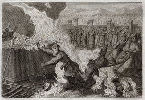 Royaumontin raamattu, Vanha testamentti: Nadab ja Abiu. Nadab (Nadav) ja Abiu (Abihou), Aaronin pojat, jotka sytyttivät suitsukkeitaan vieraan tulen uhratakseen suitsuketta Jumalalle, poltettiin itse majassa. Kuvitus vuodelta 1811. tekijältä Unknown artist