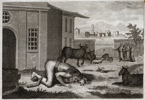 Royaumontin raamattu, Vanha testamentti: Nebukadnessar muuttuu beteeksi. Kuningas Nebukadnessar II muutetaan oikeudenmukaisella rangaistuksellaan ylpeydestään beteiksi. Kuvitus vuodelta 1811. tekijältä Unknown artist
