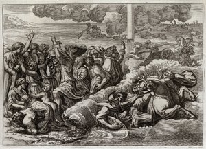 Royaumontin raamattu, Vanha testamentti: Farao uppoaa Punaiseen mereen. Mooseksen ja heprealaisten kulku Punaisenmeren yli hukuttaen faraon armeijan. Kuvitus vuodelta 1811. tekijältä Unknown artist