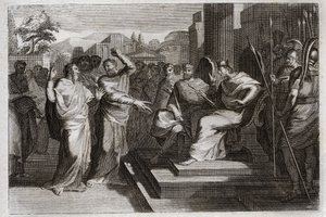 Royaumontin raamattu, Vanha testamentti: Piete of Josaphat. Joosafat, Juudan hurskin kuningas, saa kaikki ympärillään olevat ruhtinaat vapisemaan ja todistaa eri tavoin hänen hurskaudestaan Jumalaa kohtaan, mikä teki hänet voittajaksi vihollisistaan. Illus tekijältä Unknown artist