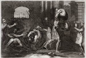 Royaumontin raamattu, Vanha testamentti: Eliseen ennustus. Samarian herra, joka on eksyttänyt Eliisen sanat, on ahtautunut hänen jalkojensa juureen. Kuvitus vuodelta 1811. tekijältä Unknown artist