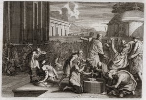 Royaumontin raamattu, Vanha testamentti: Adonibesecin rangaistus. Josuen kuolema. Juutalaisten uhmattua kuningas Adonibesec (Adonibesech, Adoni Bezek, Adoni-Bezek) leikattiin pois hänen jalkojensa ja käsiensä päät, kuten hän oli leikannut, jopa seitsemänky tekijältä Unknown artist