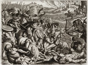 Royaumontin raamattu, Vanha testamentti: Benjaminilaisten rangaistus. Benjaminin heimo tuhotaan. Kuvitus vuodelta 1811. tekijältä Unknown artist