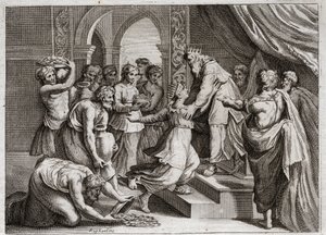 Royaumontin raamattu, Vanha testamentti: Saban kuningatar. Saban kuningatar tulee Salomon luo kuuntelemaan hänen viisauttaan ja tarjoamaan hänelle lahjoja. Kuvitus vuodelta 1811. tekijältä Unknown artist