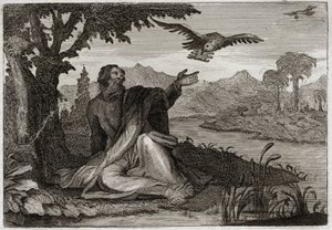 Royaumontin raamattu, Vanha testamentti: Elian korpit. Jumala löi maahan kolme vuotta vanhan steriilitulehduksen, lähetti profeetta Elian puron varrella tai kaksi varista toi hänelle ruokaa. Kuvitus vuodelta 1811. tekijältä Unknown artist
