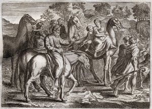 Royaumontin raamattu, Vanha testamentti: Jaakobin paluu. Jaakobin paluu Kanaanin maahan vaimoineen Raakelin ja Lean sekä lastensa kanssa. Kuvitus vuodelta 1811. tekijältä Unknown artist